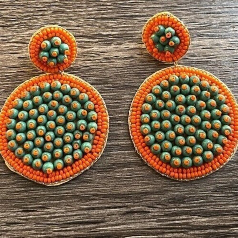 Vintage Modern Green Orange Bead Tassle Earrings Boho Western Dangle Statement